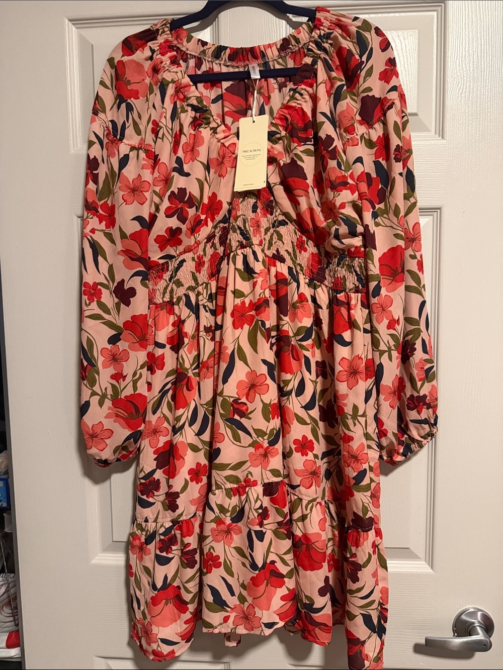 Floral Tiered Smocked Waist Long Sleeve Mini Dress - Pink & Red
